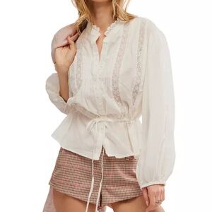 Free People Best of Me Button Up Puff Sleeve Blouse Waist Tie Sz Large